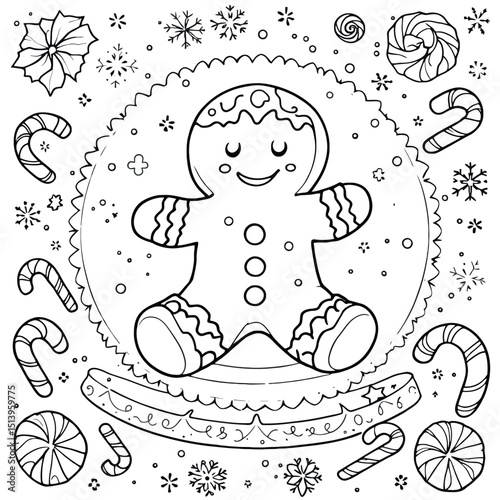 Gingerbread Man Winter Holiday Festive Line Art Coloring Page for Kids