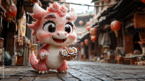 Fototapeta Naklejka Na Ścianę i Meble -  Adorable dragon holding sushi