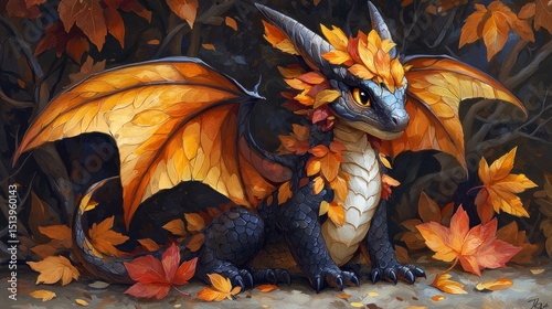Adorable Dragon with Autumn Leaves