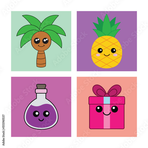 Cartoon vector illustration set of fresh fruit and vegetable icons