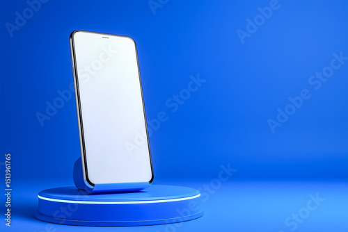 3D render of a large-screen smartphone mockup on a circular blue podium with copy space. Isolated background, clean and modern—perfect for advertising banners or promotional design concepts.