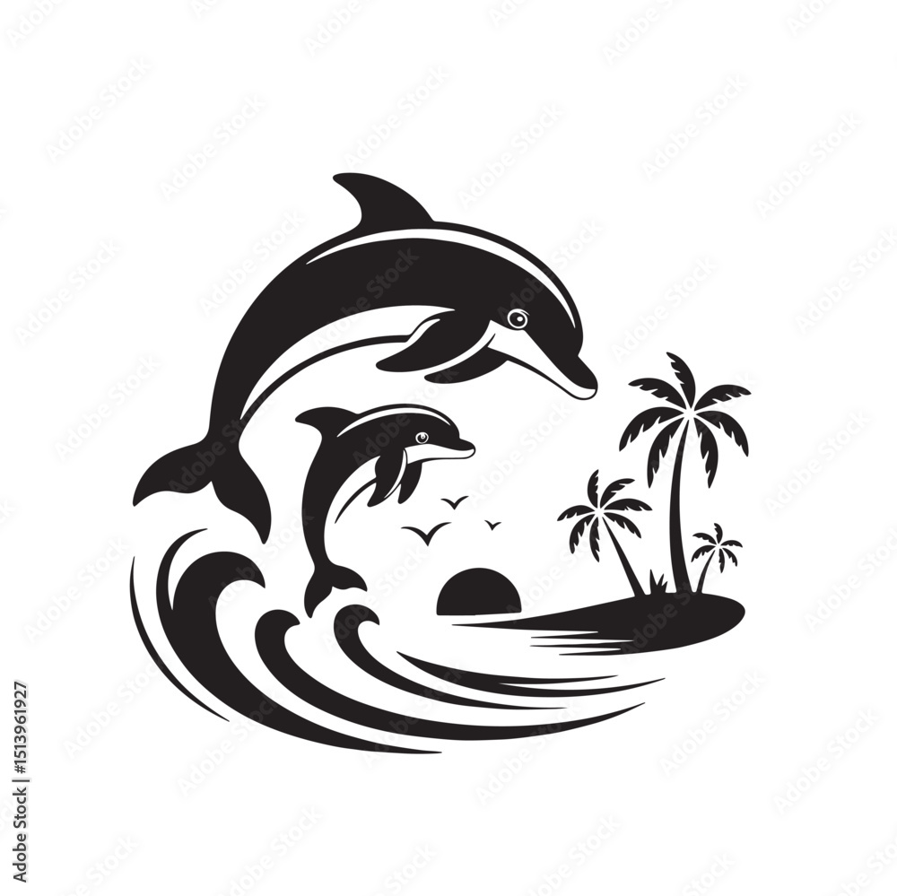 Obraz premium Jumping Dolphins Over Ocean Waves at Sunset with Palm Trees