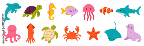 Set of colorful ocean animals including dolphin, turtle, seahorse, jellyfish, shark, clownfish, crab, starfish, octopus and others