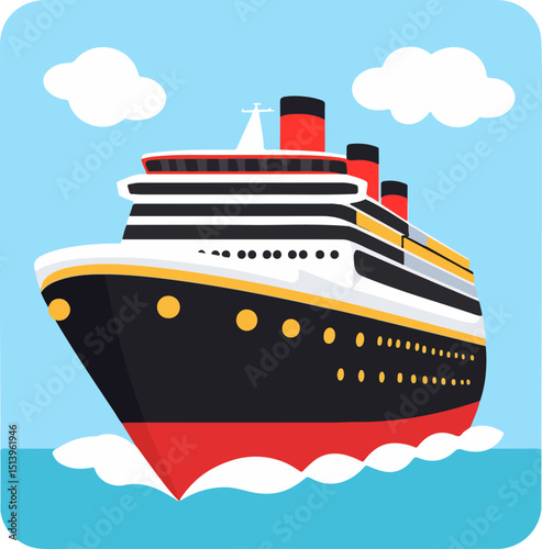 Ocean Liner Voyage. Majestic Cruise Ship Sailing Adventure on Blue Sea With Clouds. Vector illustration