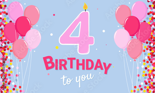 Happy Birthday. 4 years old. A girl's children's birthday. Pink balloons and a candle on a blue background.