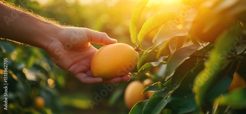 Hand carefully picking a ripe mango fruit from a tree in sunny orchard