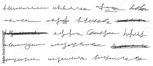 Collection of hand-drawn illegible handwritten text elements, featuring scribbled words, crossed-out phrases, quick notes, and abstract calligraphy lines. Inspired by diaries, old letters