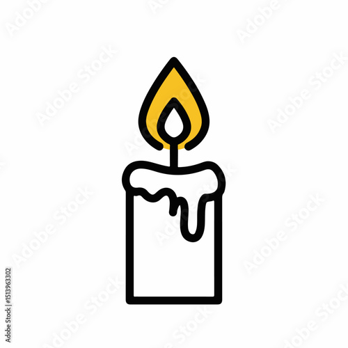 Lit candle with dripping wax. Burning candle flame symbol of peace and hope.  Simple candle icon perfect for holiday cards and 2026 new year festive design. This image is ideal for holiday decorations