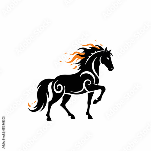 Fiery black horse design, strong stallion with fiery mane and tail, intricate Celtic patterns on body. Horse symbol evokes power, freedom, and speed. This majestic fiery horse image is perfect for 202