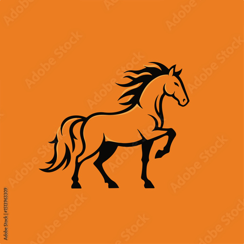 Majestic horse prancing, elegant equine silhouette against vibrant orange background. Powerful stallion, symbol of strength and grace, perfect for 2026 year of fire horse themed designs.  New year and