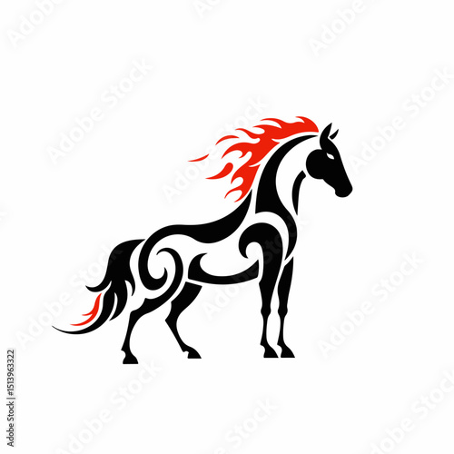 Fiery horse, symbol of 2026, new year.  Horse illustration with tribal design and red flames.  Stylized horse image perfect for new year and christmas celebrations. This fiery steed is ideal for festi