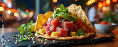 Vibrant fusion poke taco with ahi tuna avocado on crispy wonton shell. Dish served on black slate plate. Night market scene with colorful bokeh lights. Delicious snack from street food cafe photo