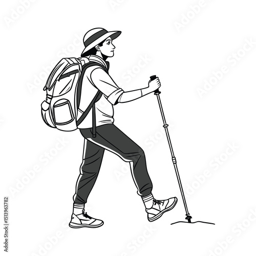 Hiker with backpack and trekking pole