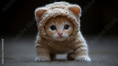 Adorable kitten wearing a cozy hooded outfit