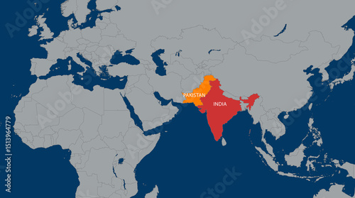 Map highlighting the geographical locations of India and Pakistan