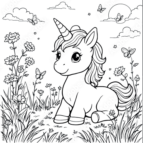 A Cute Unicorn in a Meadow of Flowers Coloring Page Line Art