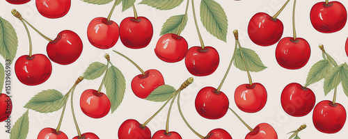 Watercolor cherry print pattern, simple background. Cherry print,  watercolor background, paper texture, hand drawn print.