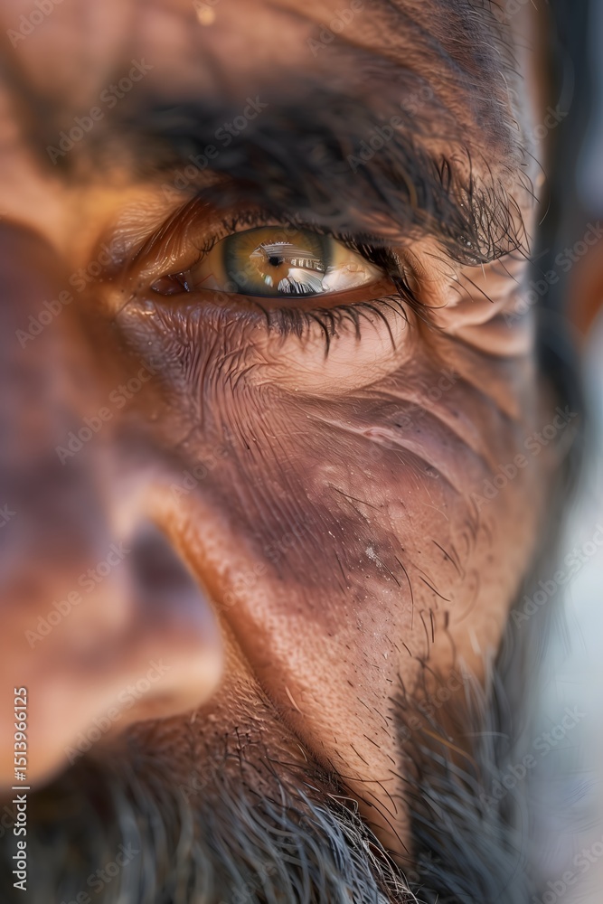 Naklejka premium Focused eye reflects a story of resilience and experience. The human face shows detail of age and character in its weathered expression.