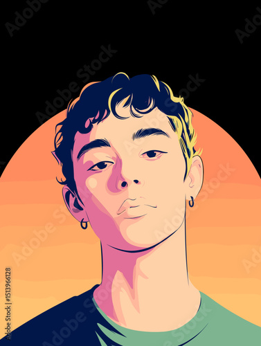 Radiant Portrait: A stylized illustration captures a young person, radiating self-assuredness and contemplative calm with a backdrop of warm gradient colors.