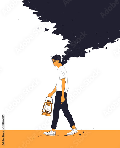 Illumination of Inner Turmoil: An artistic portrayal captures a figure, lantern in hand, amidst a backdrop of emotional shadows.