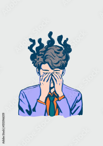 Exhaustion: A stylized illustration depicting a person with hands covering the face, conveying a sense of overwhelming stress and burnout.