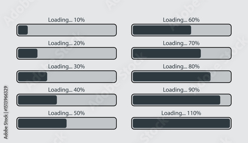 Countdown bar. Loading progress with print. Grey download banner. Set of count down graphs with percent. Vector illustration.