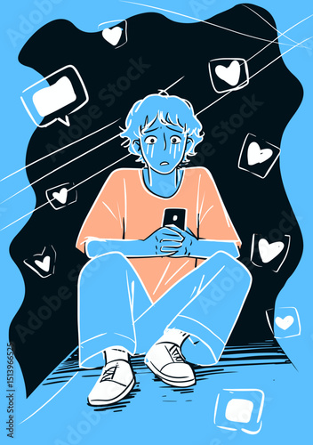 Digital Isolation: A lone figure, clutching a phone, is enveloped by the cold, hollow symbols of online interaction. A digital world of disconnect, a silent cry for real connection.