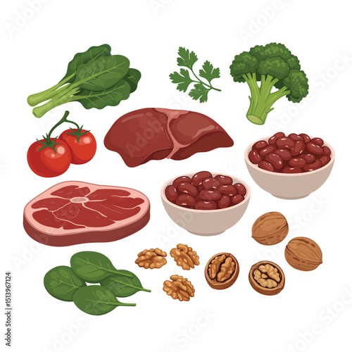 Products containing iron cartoon vector illustration. Fe in meat, liver, beans, nuts. Fresh tomatos and broccoli. Parsley and spinach greens flat color object. Good diet isolated on white background