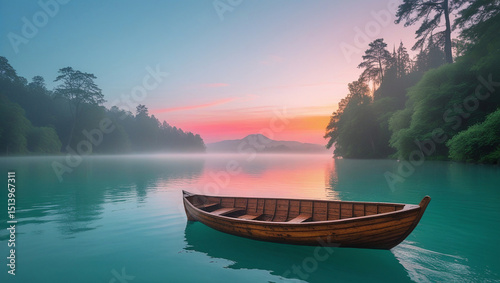 A serene small wooden boat, its weathered wooden hull and worn sail a warm golden brown, rests peacefully on the glassy surface of a calm teal lake
