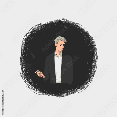 Solitary Reflection: An individual, bathed in a somber atmosphere, thoughtfully holds a cigarette, immersed in quiet contemplation.