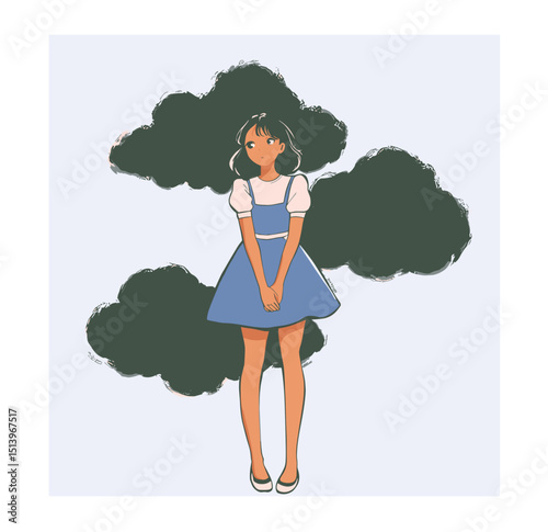 Girl Contemplating with Cloudy Skies: A young girl stands in a moment of introspection, surrounded by stylized clouds, lost in thought and reflection on an artistic, emotive background.