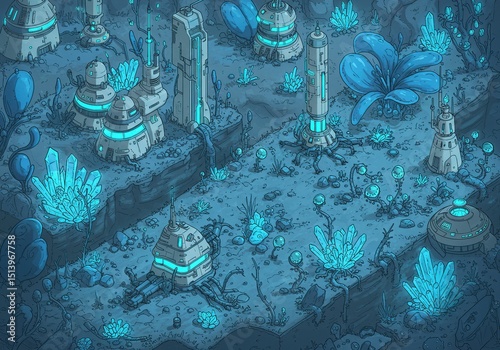 Alien landscape, futuristic structures, crystalline plants