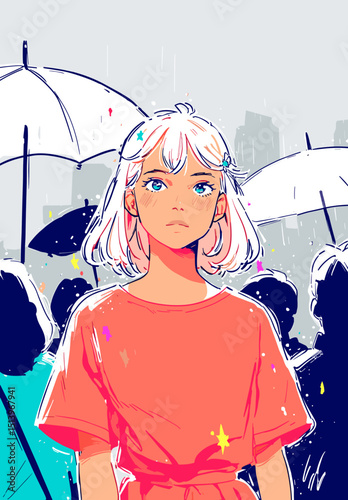 A moment in the rain: A young woman with short white hair looks up. The umbrella held above her head captures the soft glow of light, while the people are walking around her in the street.