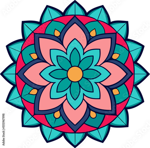 Traditional spiritual mandala art featuring radial floral petals and vibrant ornamental symmetry design