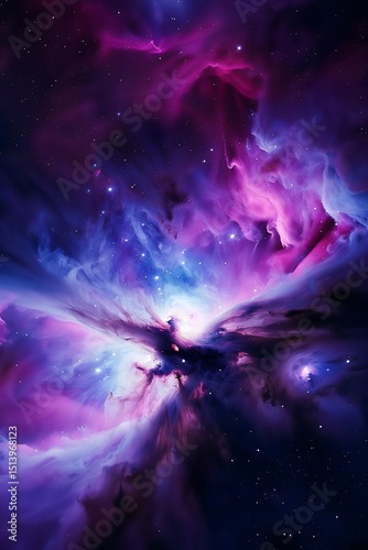 A celestial canvas where cosmic dust dances in swirls of deep purples, soft pinks, and brilliant blues across the vast expanse of the universe.
