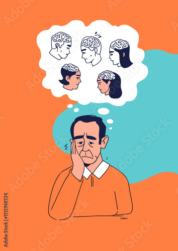 Complex Thought: An illustrated portrayal of a man grappling with difficult thoughts, featuring a complex cerebral process.