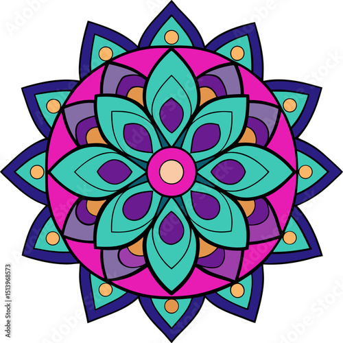Ornamental mandala vector design with spiritual floral balance and vibrant hues in a radial composition
