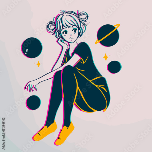 Celestial Dreamer: A whimsical illustration of a young girl surrounded by celestial elements, lost in thought, evoking a sense of wonder and imagination.