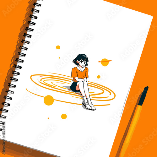 Dreamy Sketchbook: Artistic illustration of a girl absorbed in thought, floating in a cosmic spiral of creativity.