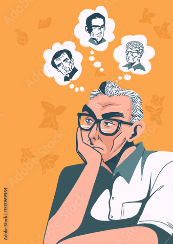 Lost in Recollection: An elder gentleman, captured in a moment of contemplation. His mind drifts towards the past. Images of familiar faces float above his head.