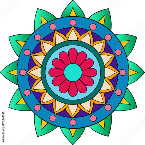 Sacred circular mandala with bright flower-inspired symmetry and radiant color balance for calm focus