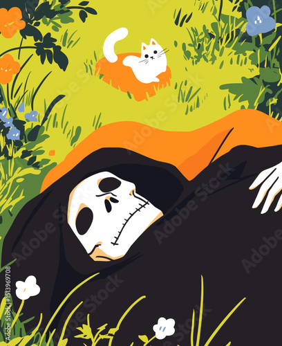 Serene repose: A whimsical illustration portrays the figure of death in a moment of tranquil rest amidst a vibrant natural scene, accompanied by a playful cat.