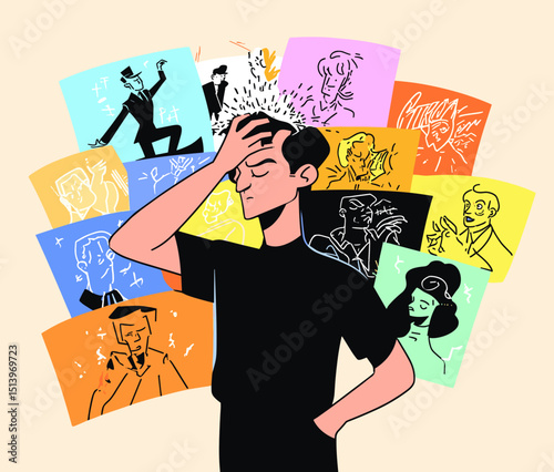 Overwhelmed Mind: A person grappling with mental clutter and a multitude of thoughts. The artwork vividly portrays the internal struggle of a person under duress.