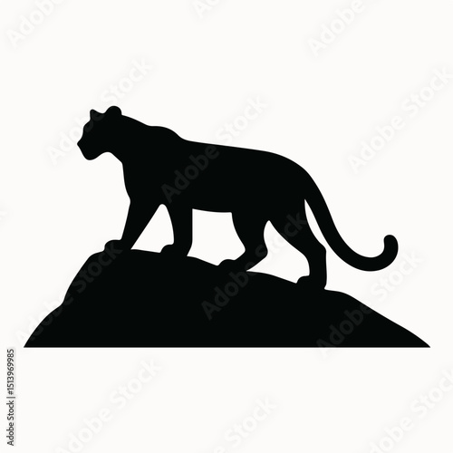 Majestic Silhouette of Panther: A striking black silhouette of a panther perched atop a rocky outcrop. This image captures the essence of feline grace, strength, and wilderness.
