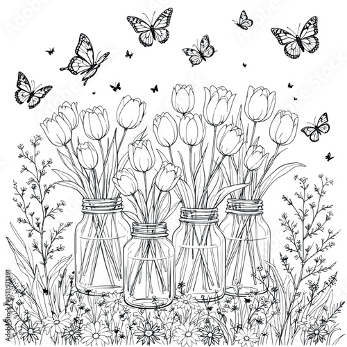 A Serene Garden Scene Flowers in Jars and Butterflies Coloring Page Line Art