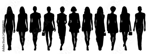 Vector silhouettes of a young attractive slender women, walking, front view, group business people, black color, isolated on a white background