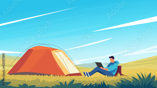Digital Nomad Working from Tent in Nature