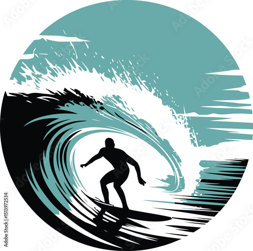 Surfer Silhouette Riding a Powerful Ocean Wave Artistic Vector Illustration