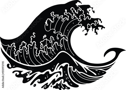 Powerful Black and White Wave Illustration Japanese Style Ocean Design