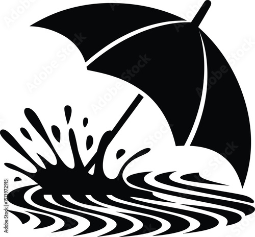 Umbrella in Rain Splashing Water, Black and White Illustration